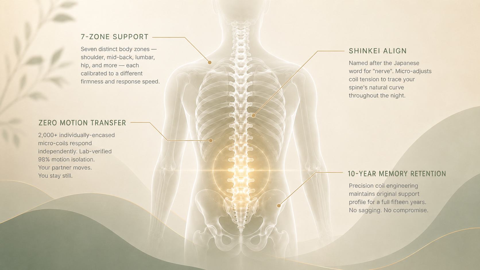 Dr. Takashi sleep science support diagram showing 7-Zone Support, Shinkei Align, Zero Motion Transfer, and 10-Year Memory Retention